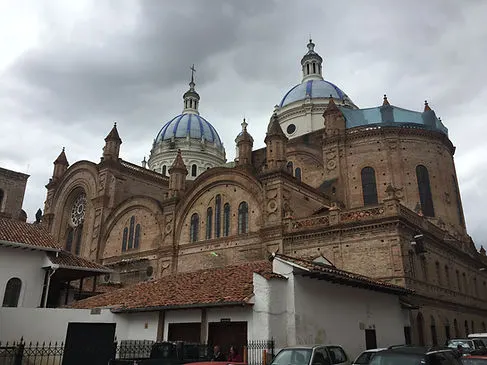 Cathedral de la Inmaculada on a cloudy day in Cuenca, Ecuador