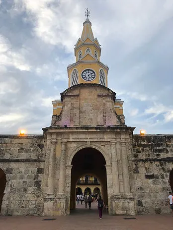 A main town square clock tower in the Old Town of Cartagena Colombia