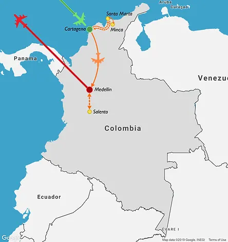 2 week itinerary map of a travel route through Colombia