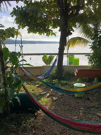 three hammocks at Cool Beans Cafe in Flores, Guatemala