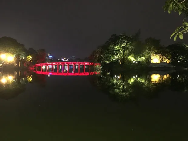 the bridge on Hoan Kiem Lake at night in Hanoi Vietnam