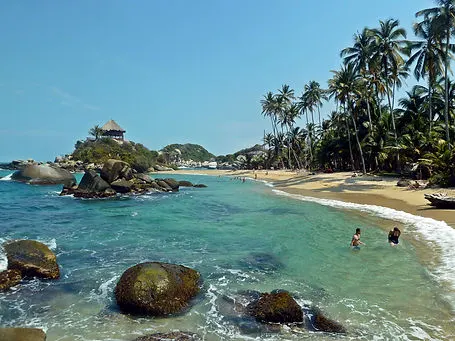 A crystal clear beach in Parque Tayrona National Park in Santa Marta, Colombia