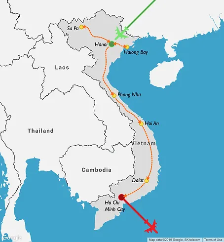 2 week itinerary map of a travel route through Vietnam