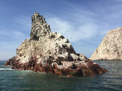 Rock formation at Islas Ballestas with sea lions and penguins in Paracas Peru