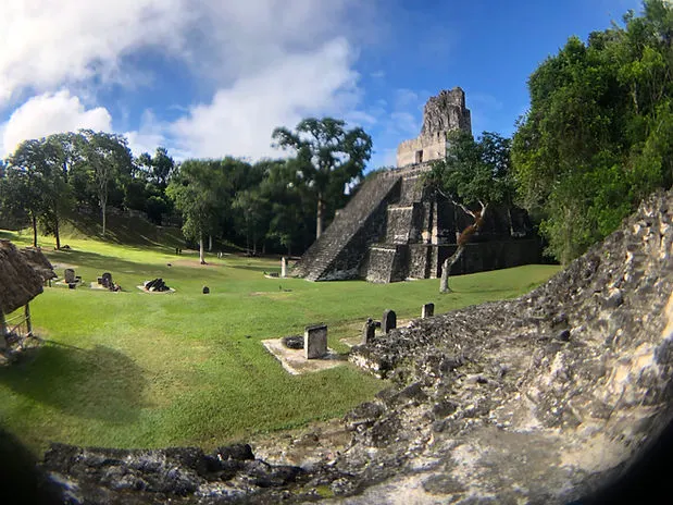 a fisheye lens view of the Tikal Ruins in Guatmala near Flores