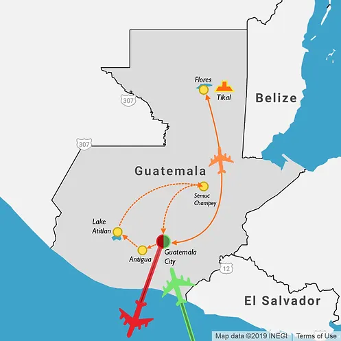 2 week itinerary map of a travel route through Guatemala