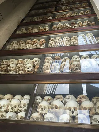 Skulls of victims of Cambodian Genocide at the Killing Fields in Phnom Penh in Cambodia