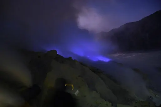 Blue fire at Indonesia's Ijen Crater (Kawa Ijen) in Java near Banyuwangi