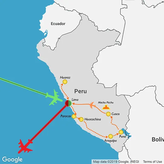 1 month itinerary map of a travel route through Peru