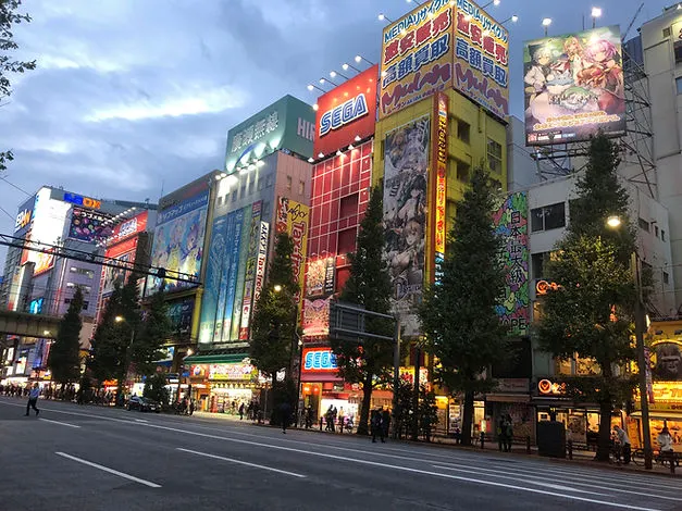 Neon buildings in Akihabara district of Tokyo