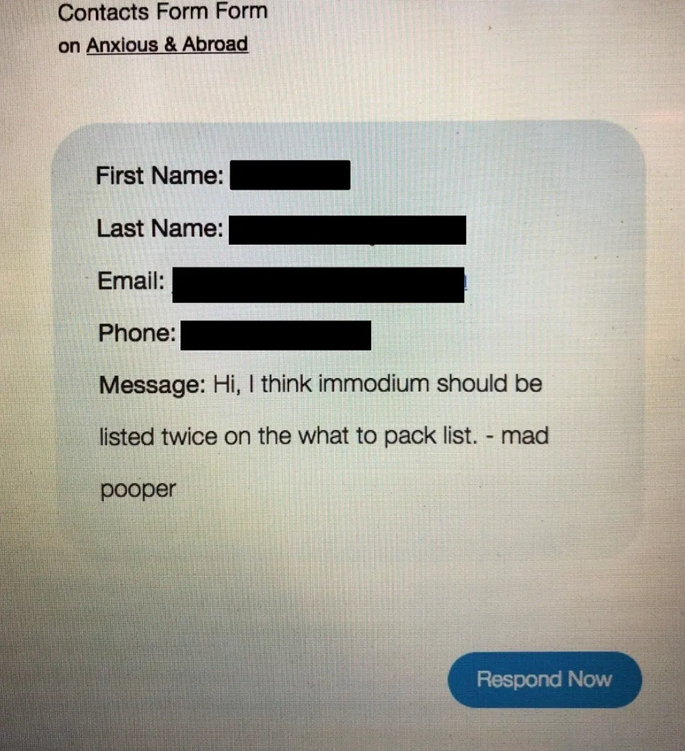 a contact form on the Anxious & Abroad webpage asking for more immodium on a trip