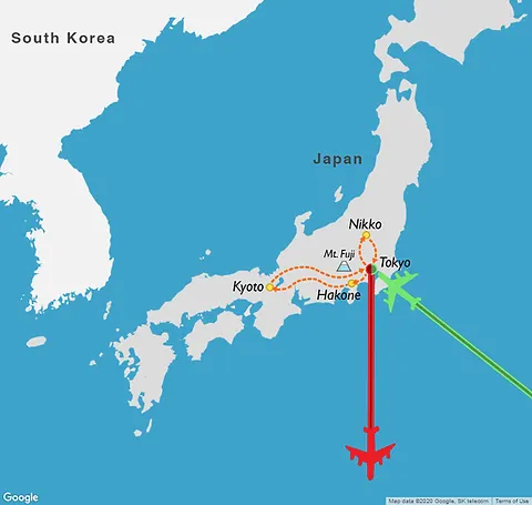 2 week itinerary map of a travel route through Japan